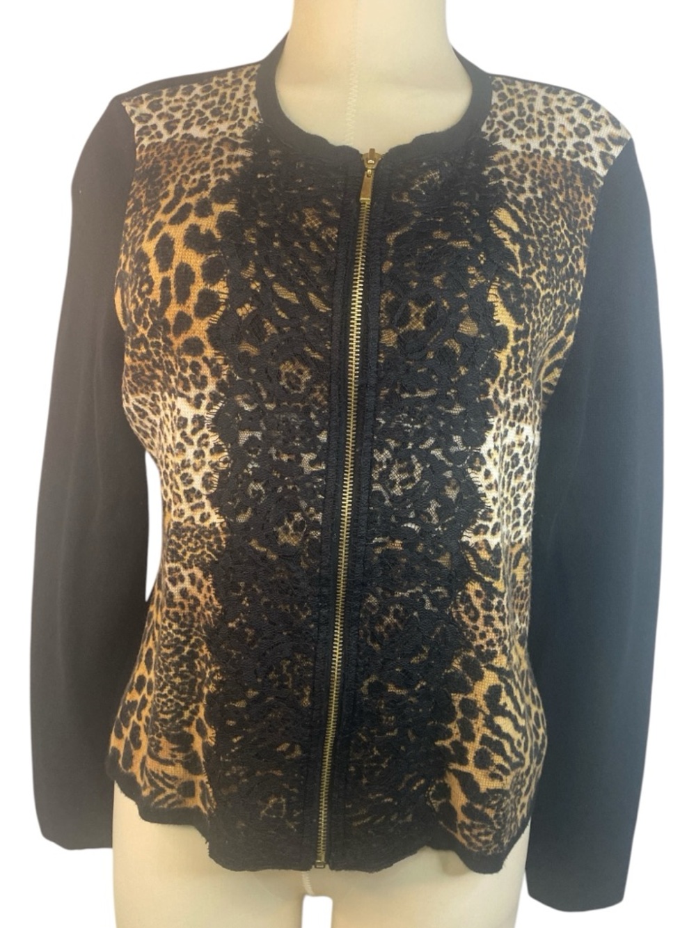 Chicos Leopard Print Zip Front Cardigan with Black Lace Trim Women’s Size 2